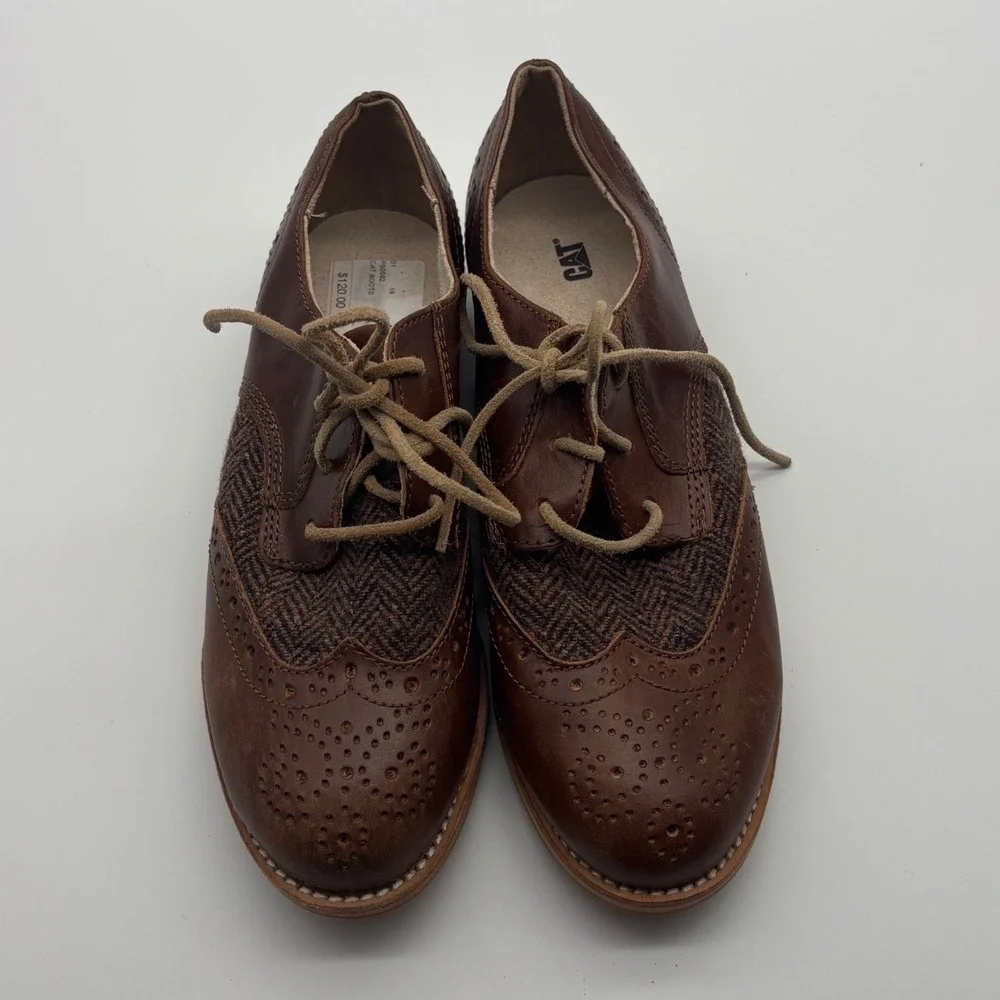 Caterpillar CAT Womens Brown Leather Herringbone Wingtip Oxford Shoes 5.5